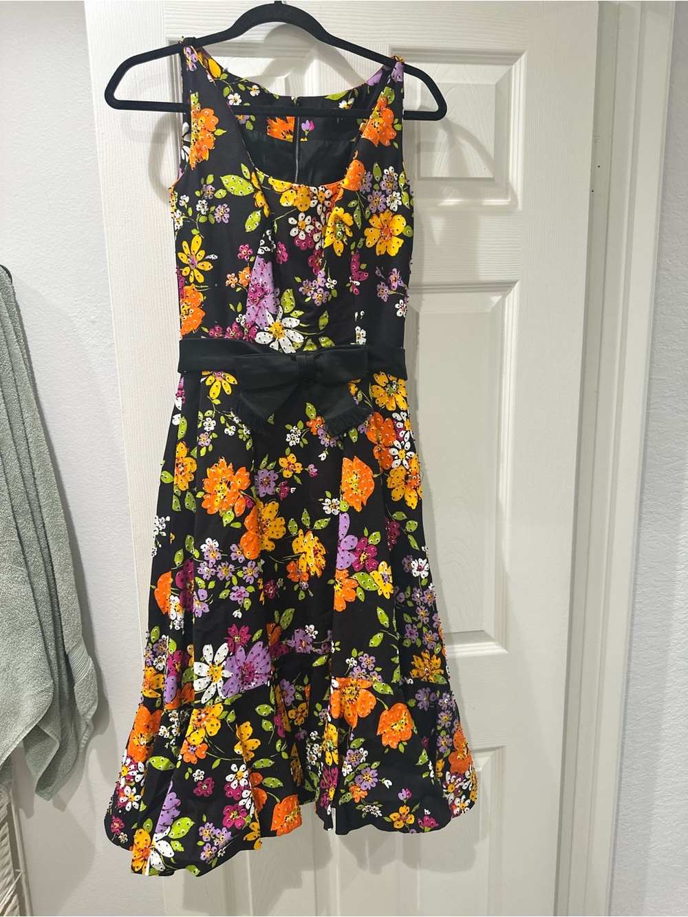 Vintage 1960’s Black Floral A-Line Dress with Bow